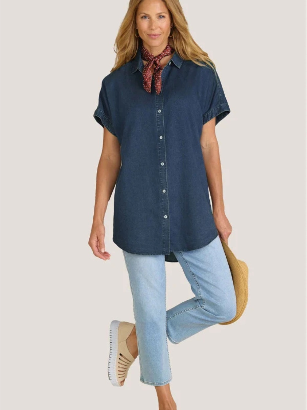 Soft Surroundings Je Veux TENCEL Navy Denim Short-Sleeve Button-Front Tunic